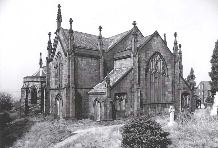 Chapel exterior with pinnacled buttresses, 1975